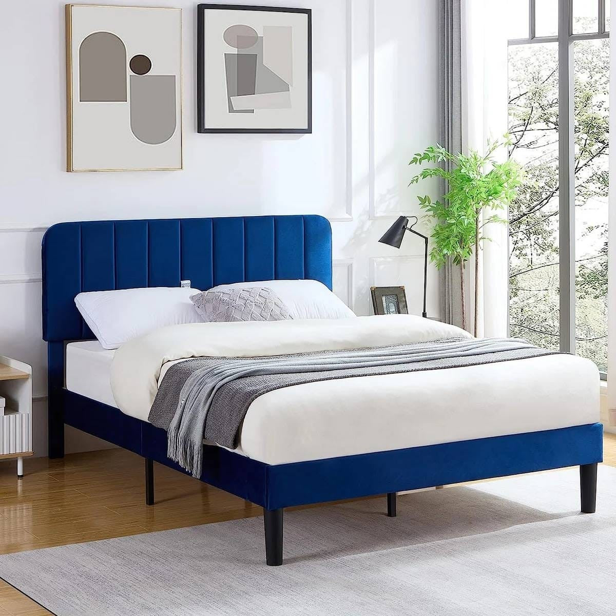 Full size Blue Upholstered Platform Bed Frame with Headboard Rosenthal Community Care Services