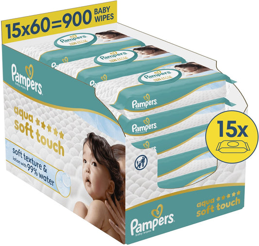 Pampers aqua soft touch baby wipes, 15 packs of 60 wipes = 900 wipes Pampers