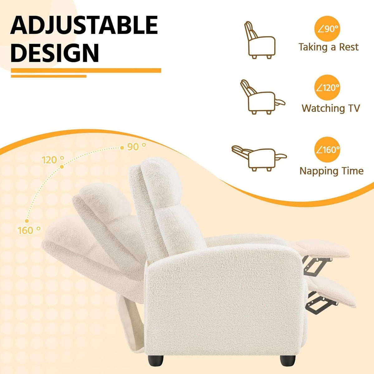 Ivory Fabric Recliner Chair With Adjustable Recline-3