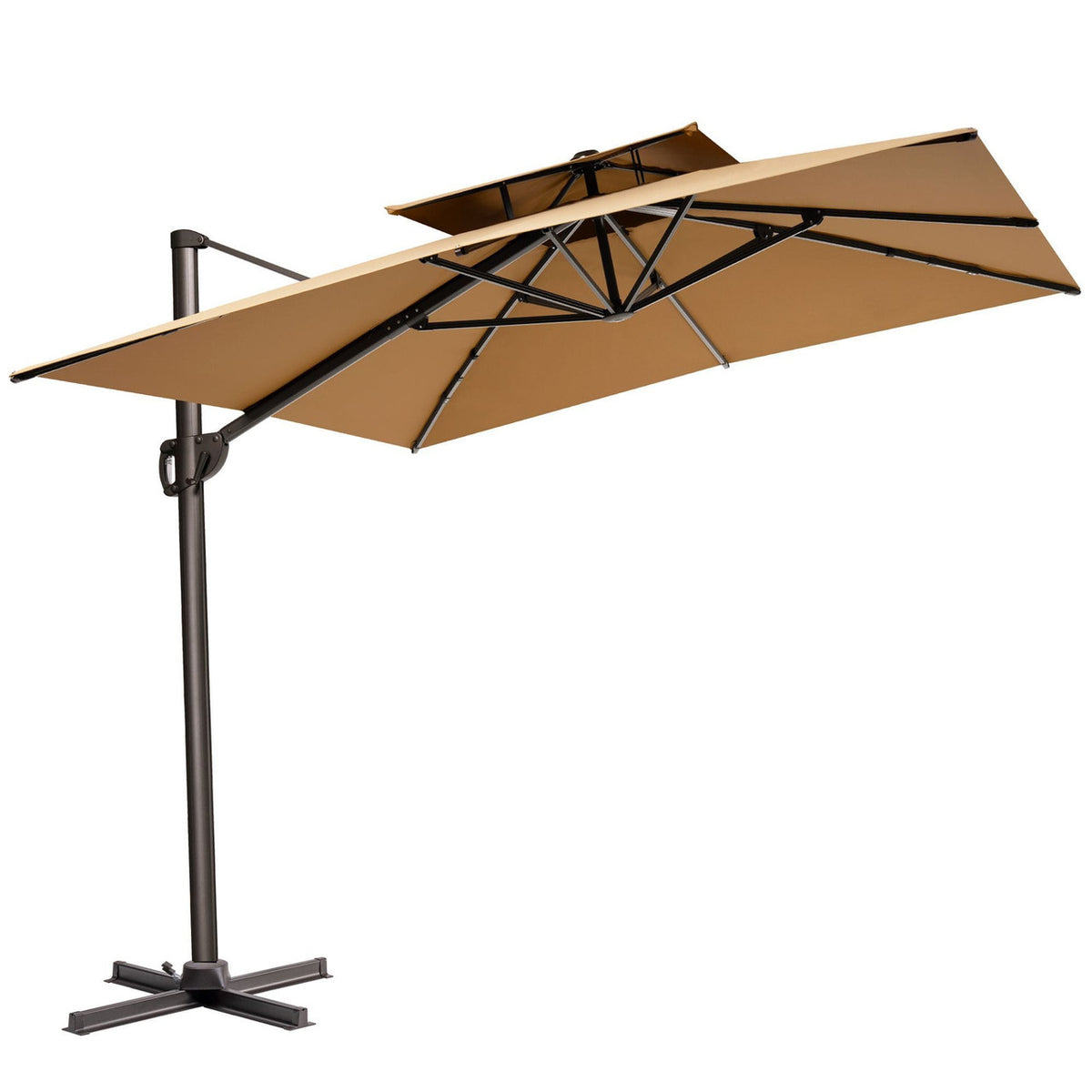 11' Tan Polyester Round Tilt Cantilever Patio Umbrella With Stand-3