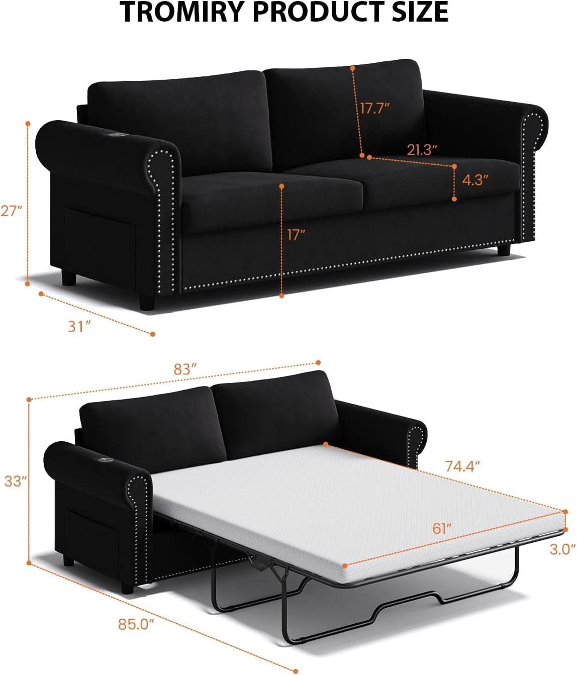 Queen Sleeper Sofa Bed Black Ergonomic Contemporary ShipItFurniture
