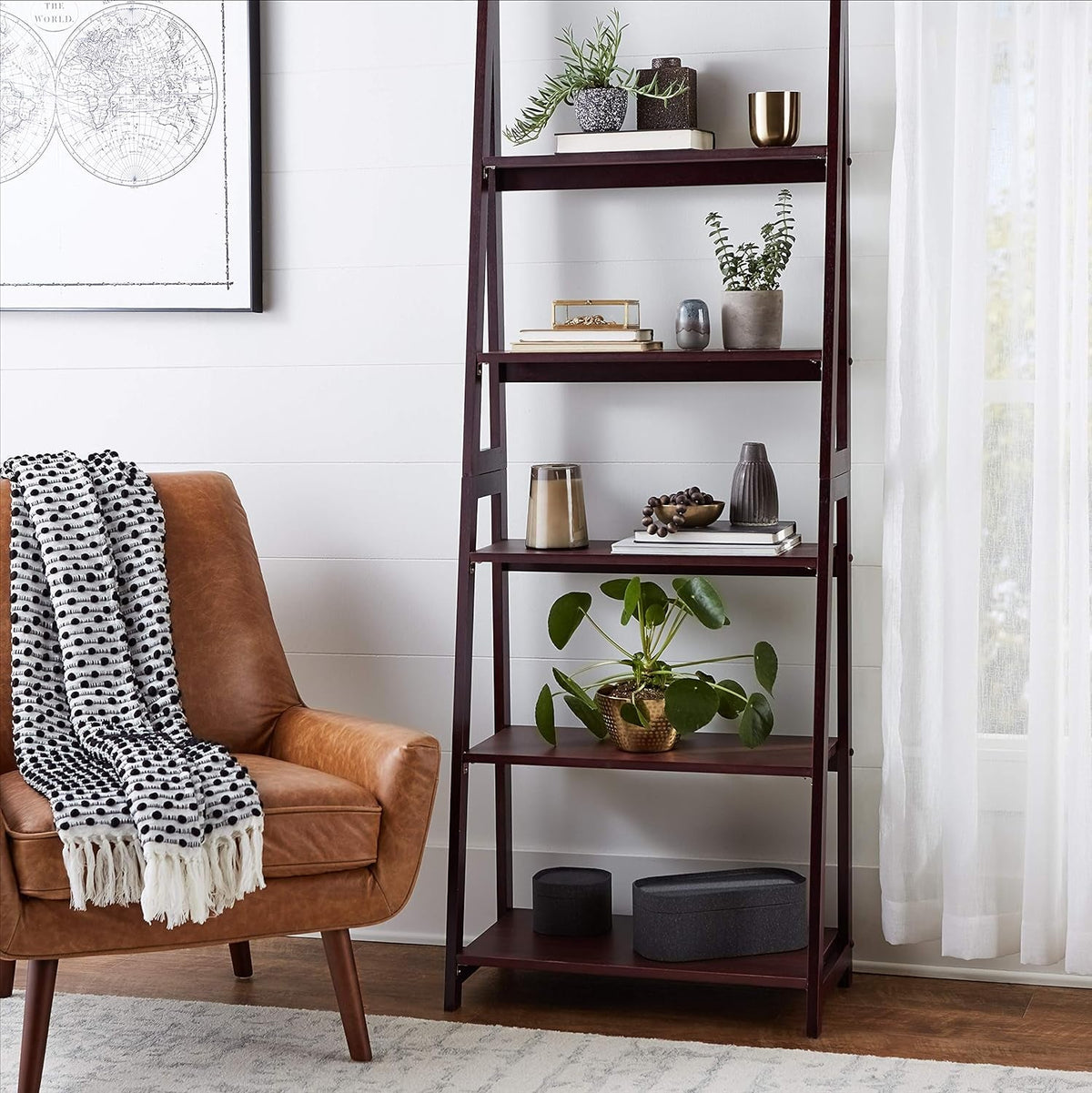 Walnut 5 Tier Ladder Bookshelf Rubberwood Durability-1