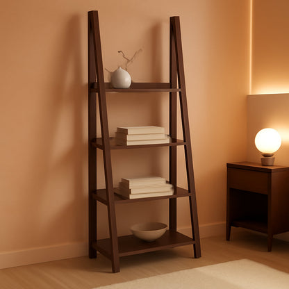 Walnut 5 Tier Ladder Bookshelf Rubberwood Durability-0