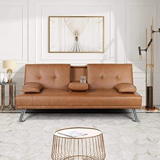 Brown Modern Faux Leather Cup Holders Convertible Sofa Bed Futon Sleeper Rosenthal Community Care Services
