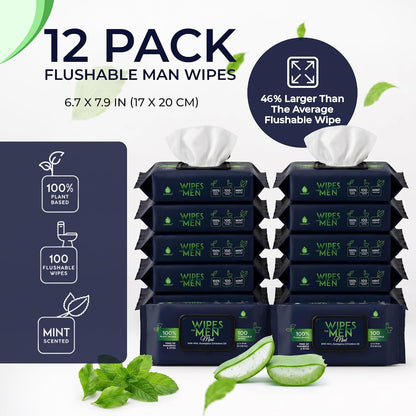 12 Pack of Flushable Man Wipes (1200 Mint Scented Wipes) Pursonic