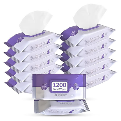 Pursonic Lavender Scented Pet Wipes – 12 Packs of 100 (1200 Total) Extra Large Wipes for Gentle Cleaning & Deodorizing Pursonic