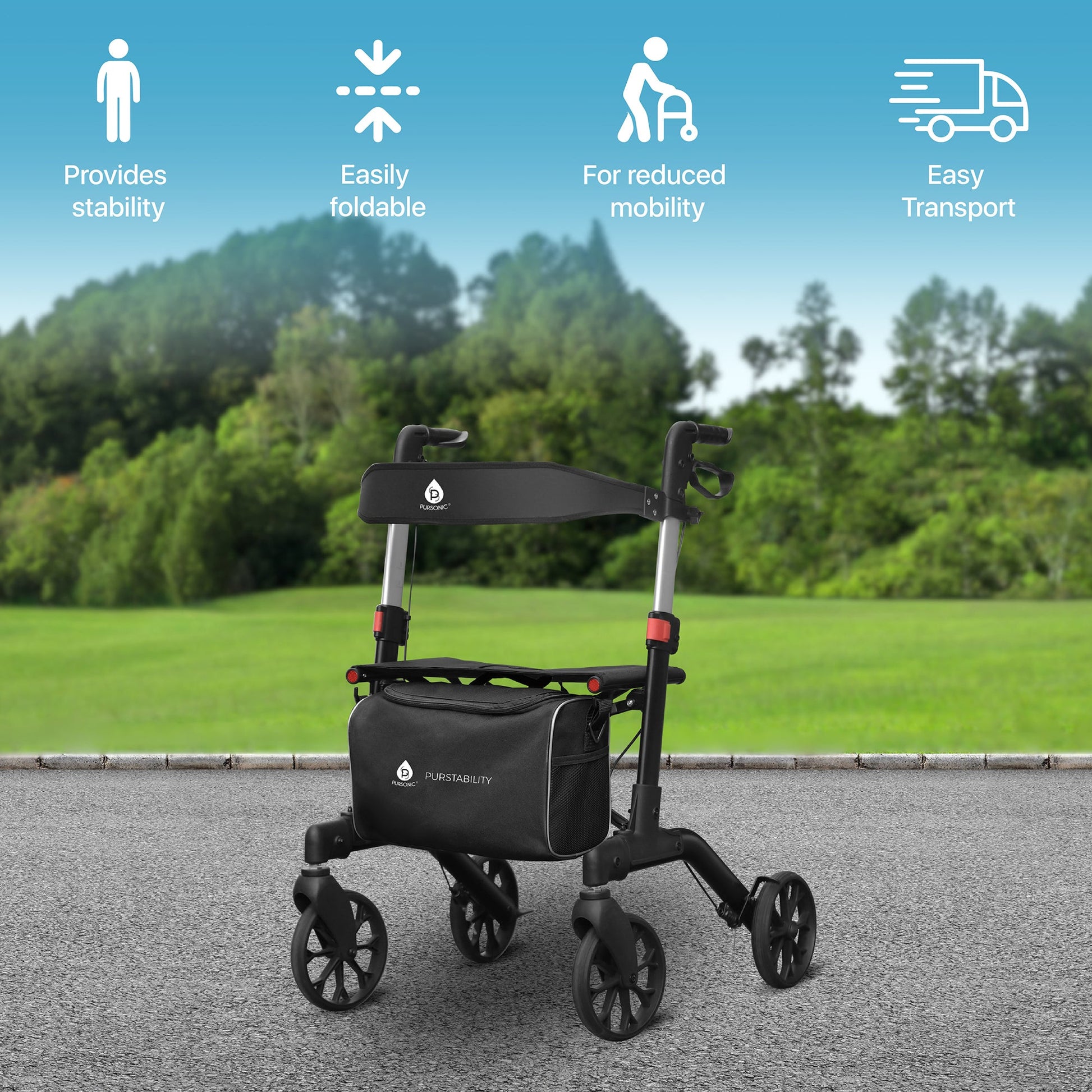Foldable Wheeled Walker with Backrest and Bag - Adjustable Height, Lightweight, and Sturdy Design for Enhanced Mobility Support-3
