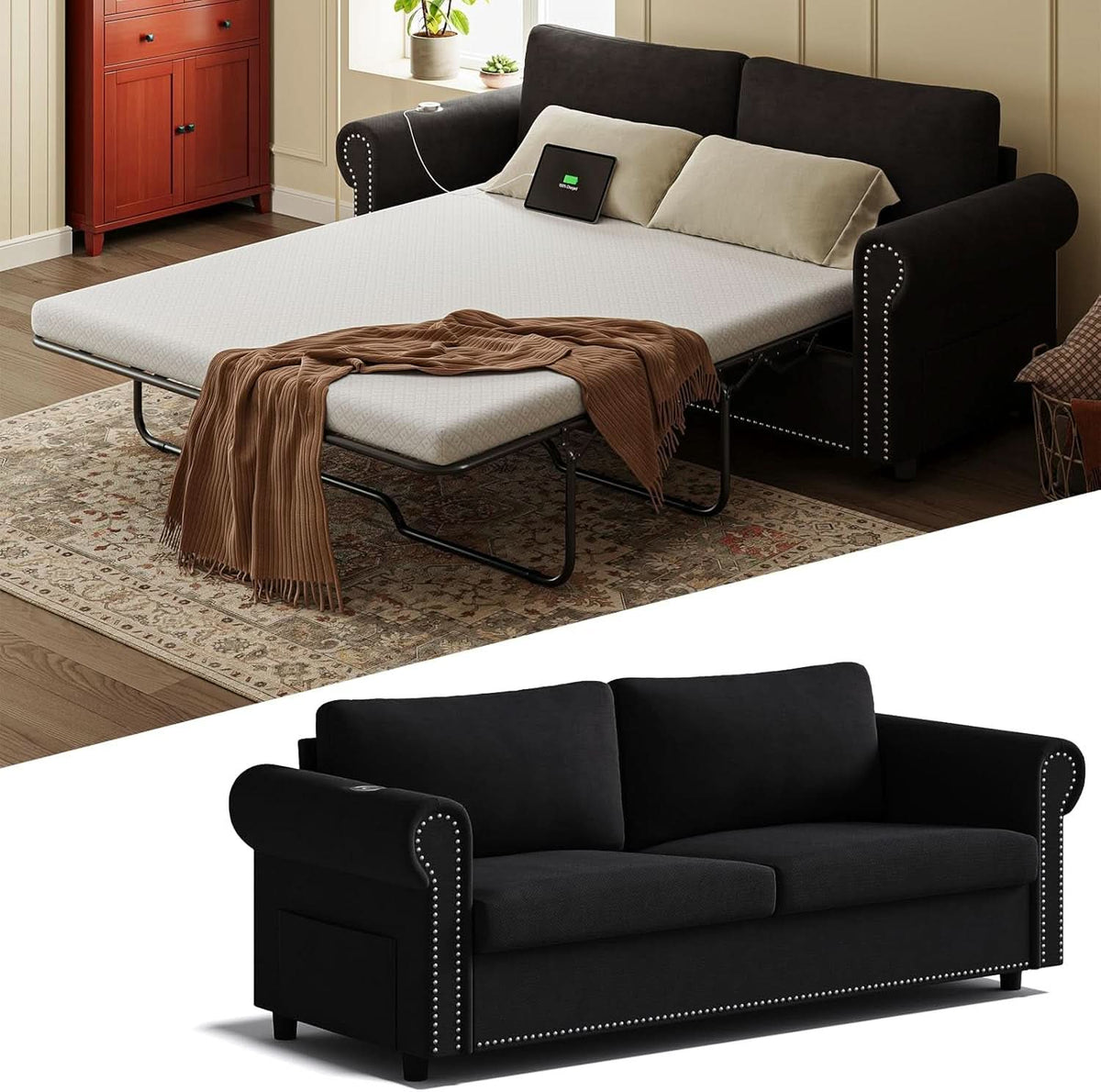 Queen Sleeper Sofa Bed Black Ergonomic Contemporary ShipItFurniture
